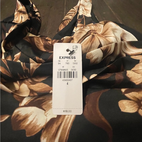 Express Elegant Ruched Floral Midi Dress- Black, Brown & Beige. size 4. Org $118 - Picture 4 of 10